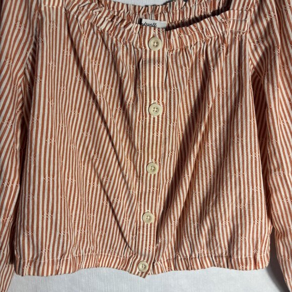 Striped Cotton Button-Up Puff Sleeve Blouse With Square Neckline Elasticized Det - Picture 5 of 12